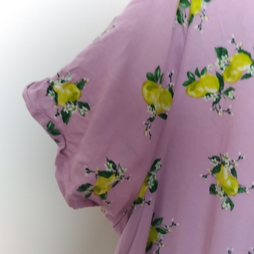 Torrid Purple Short Sleeve V Neck Lemon Print Midi Button Front Dress Size 1 1X - Picture 5 of 13